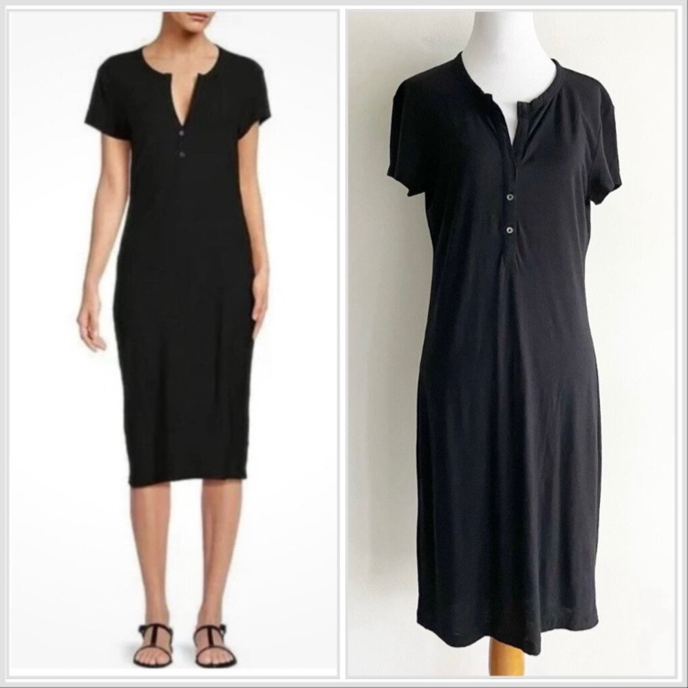 Standard James Perse Size 2 Dress Black Short Sleeve Shift Midi Buttons Spring - Picture 2 of 8